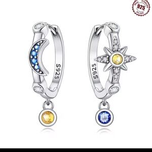 Silver Moon and Star Earrings with Blue and Yellow Accents